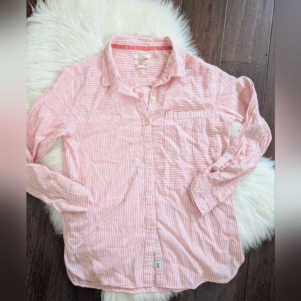 Barbour Cotton Linen Women's Long Sleeve Button Up Shirt Pink Red Striped 6